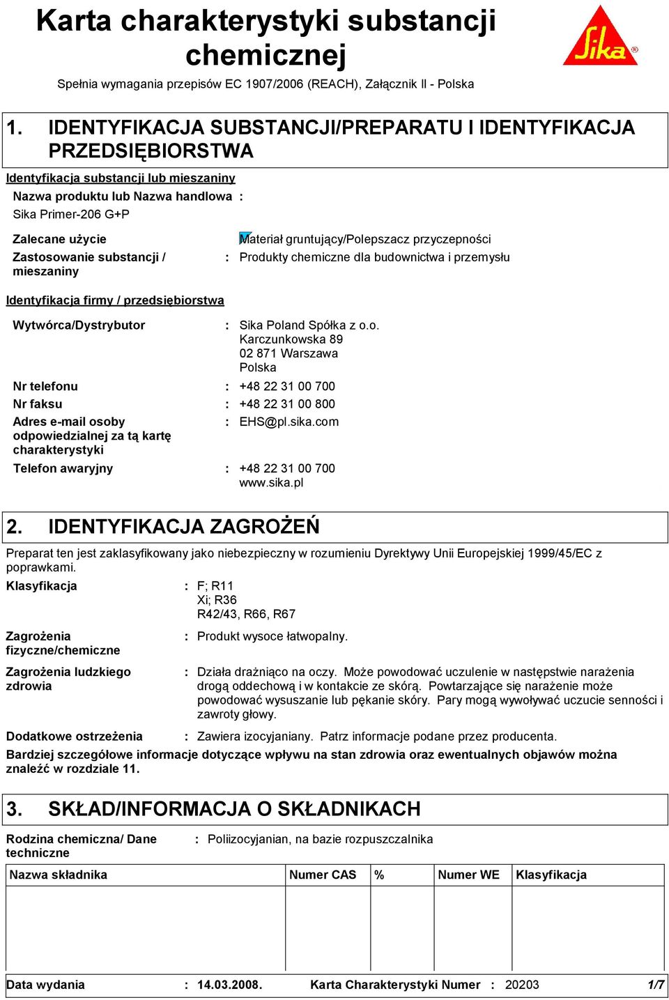substancji / mieszaniny Identyfikacja firmy / przedsiębiorstwa Materiał gruntujący/polepszacz przyczepności Produkty chemiczne dla budownictwa i przemysłu Wytwórca/Dystrybutor Telefon awaryjny Sika