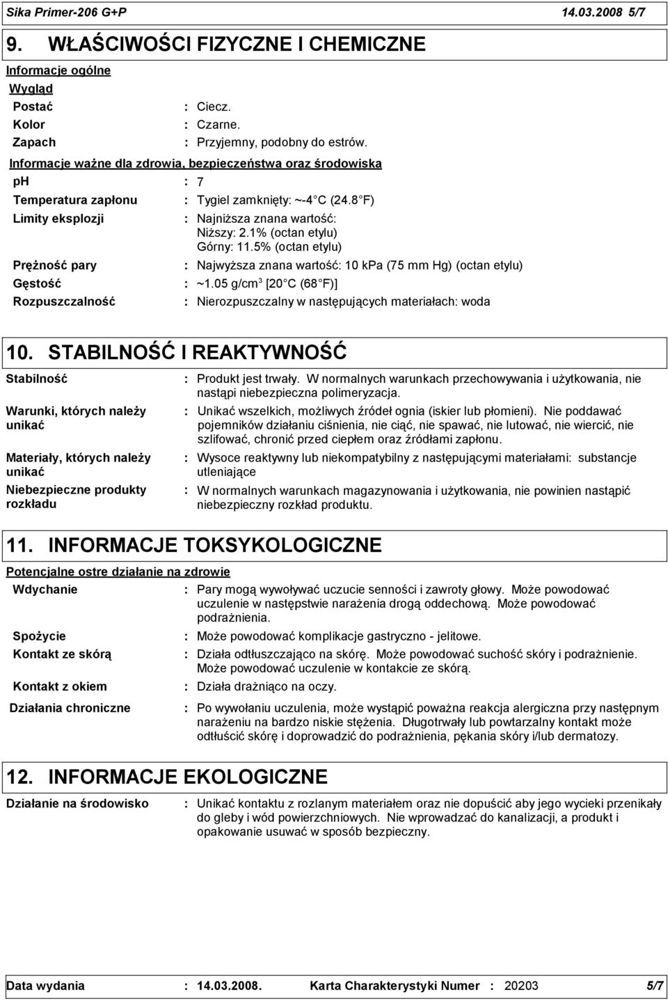 8 F) Najniższa znana wartość Niższy 2.1% (octan etylu) Górny 11.5% (octan etylu) Najwyższa znana wartość 10 kpa (75 mm Hg) (octan etylu) ~1.