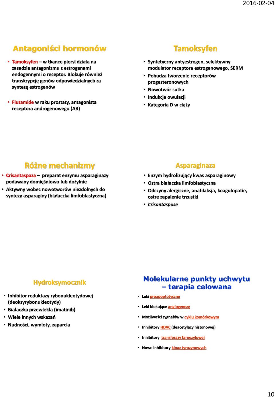 estrogenowego, SERM Pobudza tworzenie receptorów progesteronowych Nowotwór sutka Indukcja owulacji Kategoria D w ciąży Różne mechanizmy Crisantaspaza preparat enzymu asparaginazy podawany domięśniowo