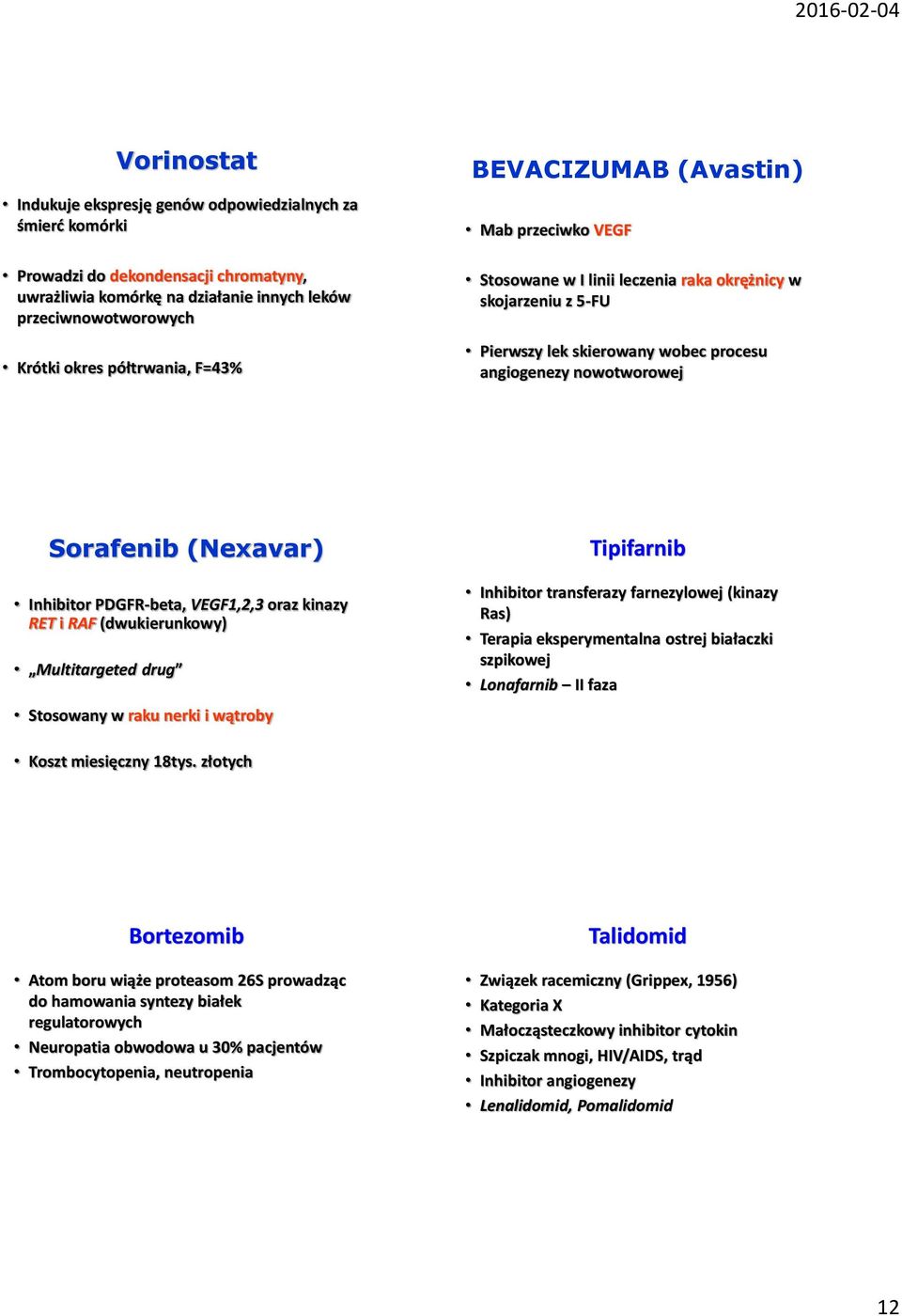 Inhibitor PDGFR-beta, VEGF1,2,3 oraz kinazy RET i RAF (dwukierunkowy) Multitargeted drug Stosowany w raku nerki i wątroby Tipifarnib Inhibitor transferazy farnezylowej (kinazy Ras) Terapia