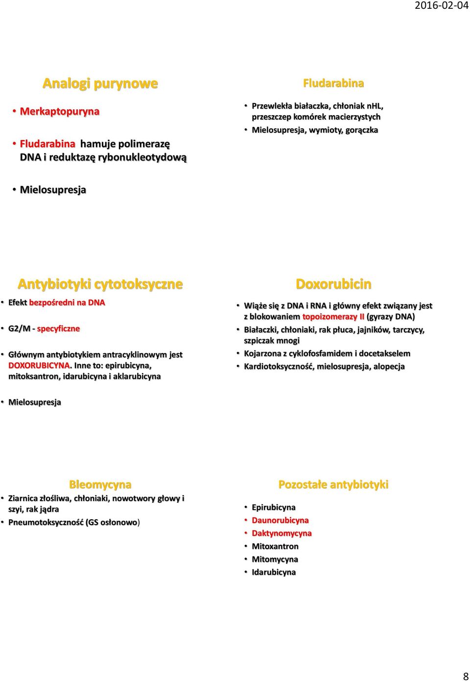Inne to: epirubicyna, mitoksantron, idarubicyna i aklarubicyna Doxorubicin Wiąże się z DNA i RNA i główny efekt związany jest z blokowaniem topoizomerazy II (gyrazy DNA) Białaczki, chłoniaki, rak