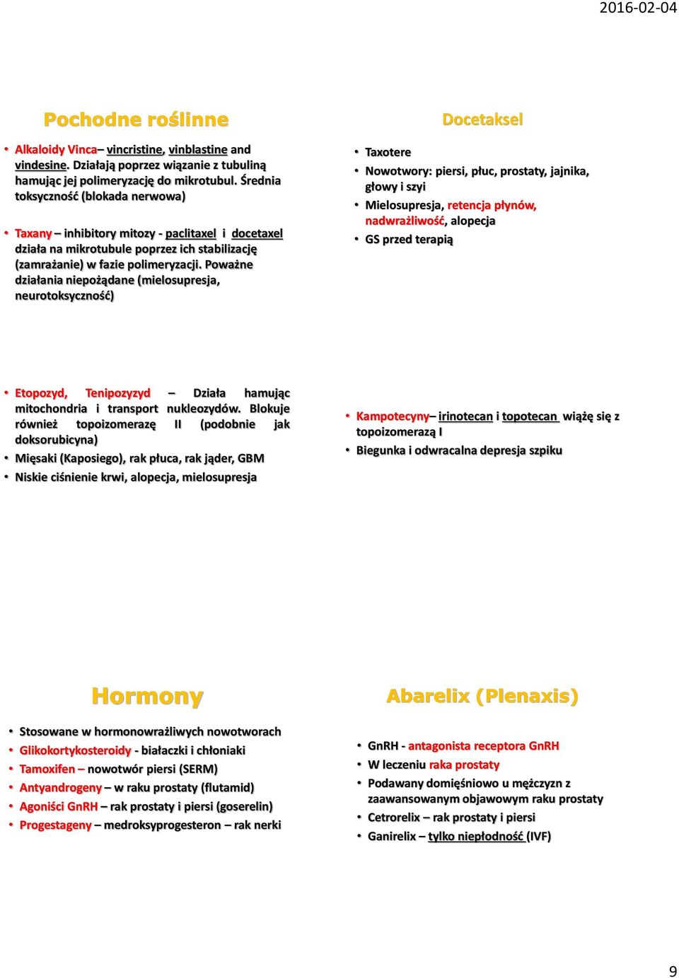 Poważne działania niepożądane (mielosupresja, neurotoksyczność) Docetaksel Taxotere Nowotwory: piersi, płuc, prostaty, jajnika, głowy i szyi Mielosupresja, retencja płynów, nadwrażliwość, alopecja GS