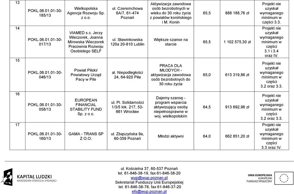 Konin Większe szanse na starcie PRACA DLA MŁODYCH - aktywizacja zawodowa osób bezrobotnych do 30 roku życia 65,5 888 188,76 zł 65,5 1 102 575,30 zł 65,0 613 319,86 zł 3.3. 3.1 i 3.4 3.2 oraz 3.3. 16 058/13 EUROPEAN FINANCIAL STABILITY FUND Sp.