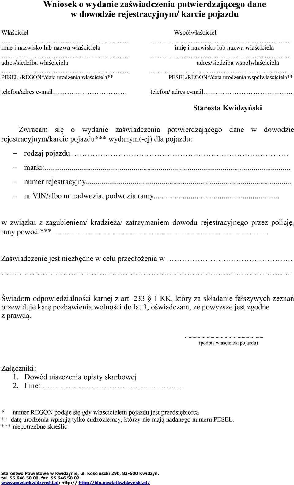 ..... PESEL/REGON*/data urodzenia współwłaściciela** telefon/ adres e-mail.