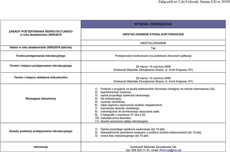 Armii Krajowej 101) 1) Podanie o przyjęcie na studia doktoranckie (formularz dostępny na stronie internetowej UG), 2) kwestionariusz osobowy, 3) opinia przyszłego opiekuna naukowego, 4) list
