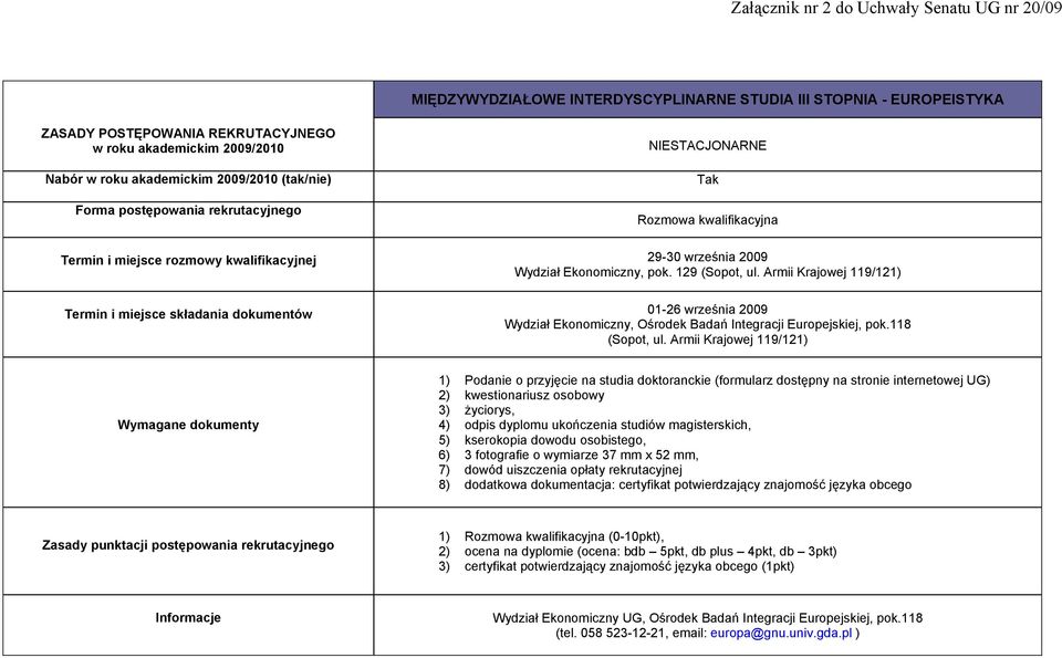 Armii Krajowej 119/121) 1) Podanie o przyjęcie na studia doktoranckie (formularz dostępny na stronie internetowej UG) 2) kwestionariusz osobowy 3) życiorys, 4) odpis dyplomu ukończenia studiów