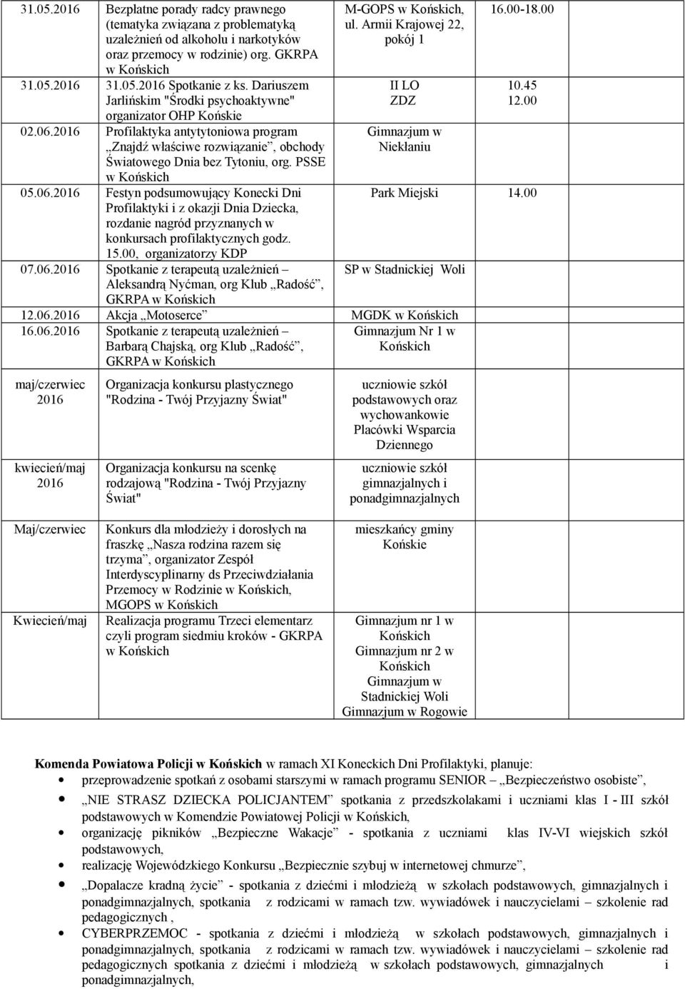 00, organizatorzy KDP 07.06. Spotkanie z terapeutą uzależnień Aleksandrą Nyćman, org Klub Radość, GKRPA M-GOPS, II LO ZDZ Niekłaniu 16.00-18.00 10.45 12.00 Park Miejski 14.00 SP w Stadnickiej Woli 12.