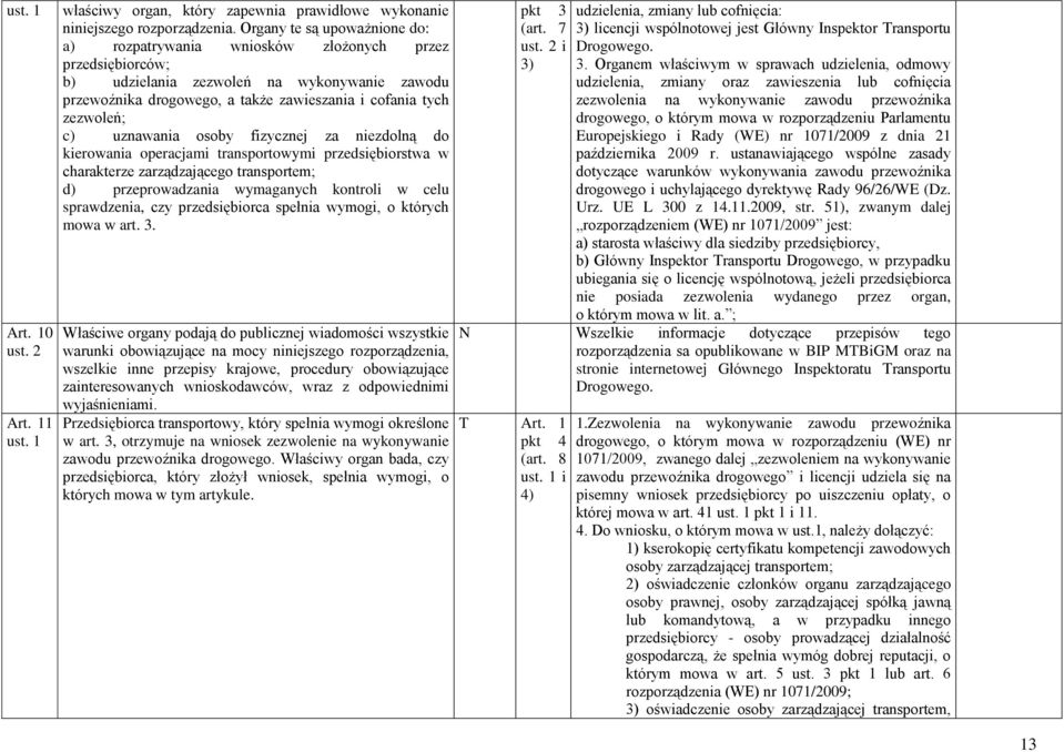 zezwoleń; c) uznawania osoby fizycznej za niezdolną do kierowania operacjami transportowymi przedsiębiorstwa w charakterze zarządzającego transportem; d) przeprowadzania wymaganych kontroli w celu