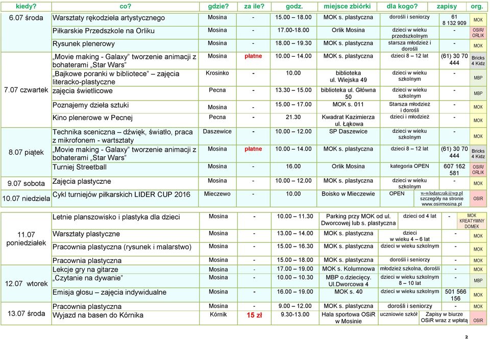 00 biblioteka literackoplastyczne ul. Wiejska 49 zajęcia świetlicowe Pecna 13.30 15.00 biblioteka ul. Główna Poznajemy dzieła sztuki Mosina 8 132 909 / Mosina płatne 10.00 14.