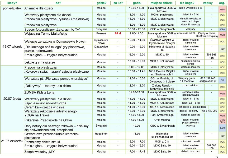 07 środa Wyjazd na Termy Maltańskie Poznań 26 zł 9.0014.30 Hala sportowa OSiR w Wakacje ze sztuką w Dymaczewie Nowym Dymaczewo 10.00 11.30 Świetlica wiejska w Nowe Dymaczewie Nowym Daszewice 10.00 12.