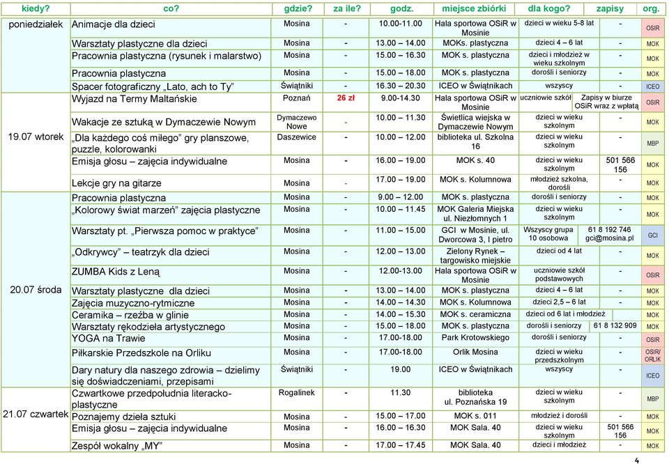 07 środa Wyjazd na Termy Maltańskie Poznań 26 zł 9.0014.30 Hala sportowa OSiR w Wakacje ze sztuką w Dymaczewie Nowym Dymaczewo 10.00 11.30 Świetlica wiejska w Nowe Dymaczewie Nowym Daszewice 10.00 12.