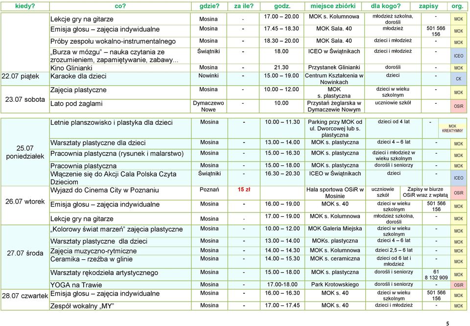 30 Przystanek Glinianki 22.07 piątek Karaoke dla dzieci Nowinki 15.00 19.00 Centrum Kształcenia w dzieci CK Nowinkach Zajęcia plastyczne Mosina 10.00 12.00 23.