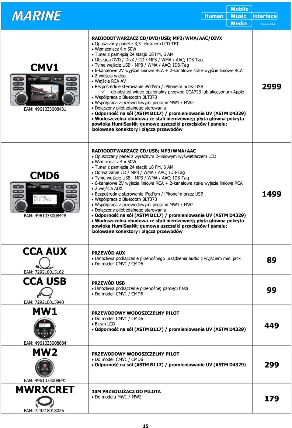 / iphone m przez USB do obsługi wideo opcjonalny przewód CCA723 lub akcesorium Apple Współpraca z Bluetooth BLT373 Współpraca z przewodowymi pilotami MW1 / MW2 Dołączony pilot zdalnego sterowania