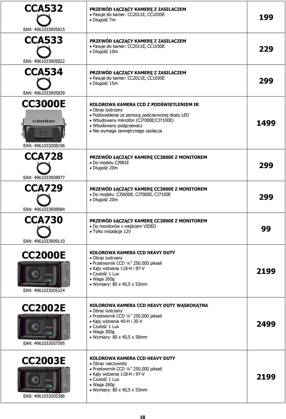 lustrzany Podświetlenie za pomocą podczerwonej diody LED Wbudowany mikrofon (CJ7000E/CJ7100E) Wbudowany podgrzewacz Nie wymaga zewnętrznego zasilacza 1499 EAN: 4961033008196 CCA728 EAN: 4961033908977