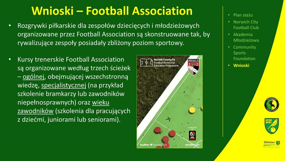 Kursy trenerskie Football Association są organizowane według trzech ścieżek ogólnej, obejmującej wszechstronną wiedzę,