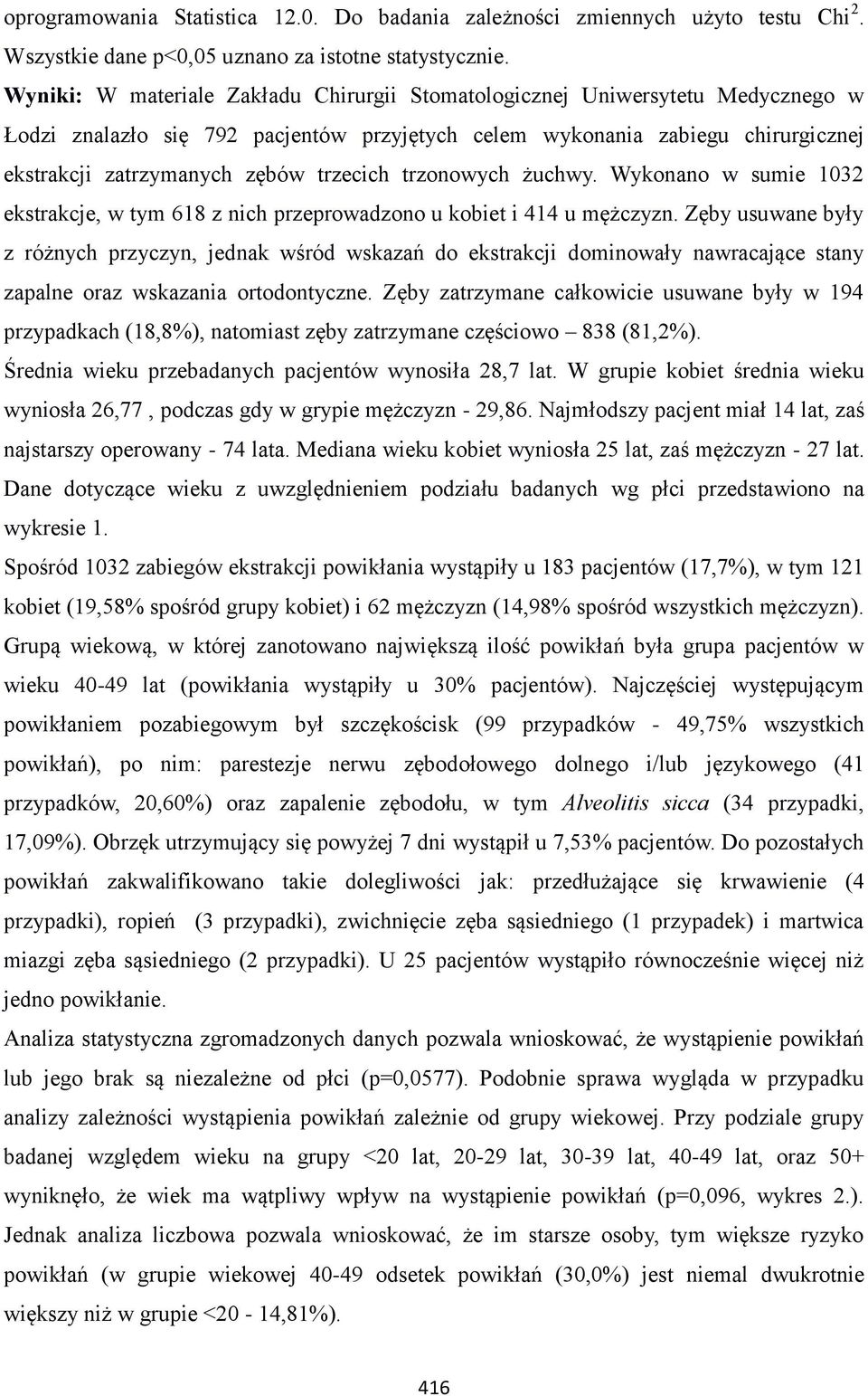 trzecich trzonowych żuchwy. Wykonano w sumie 1032 ekstrakcje, w tym 618 z nich przeprowadzono u kobiet i 414 u mężczyzn.