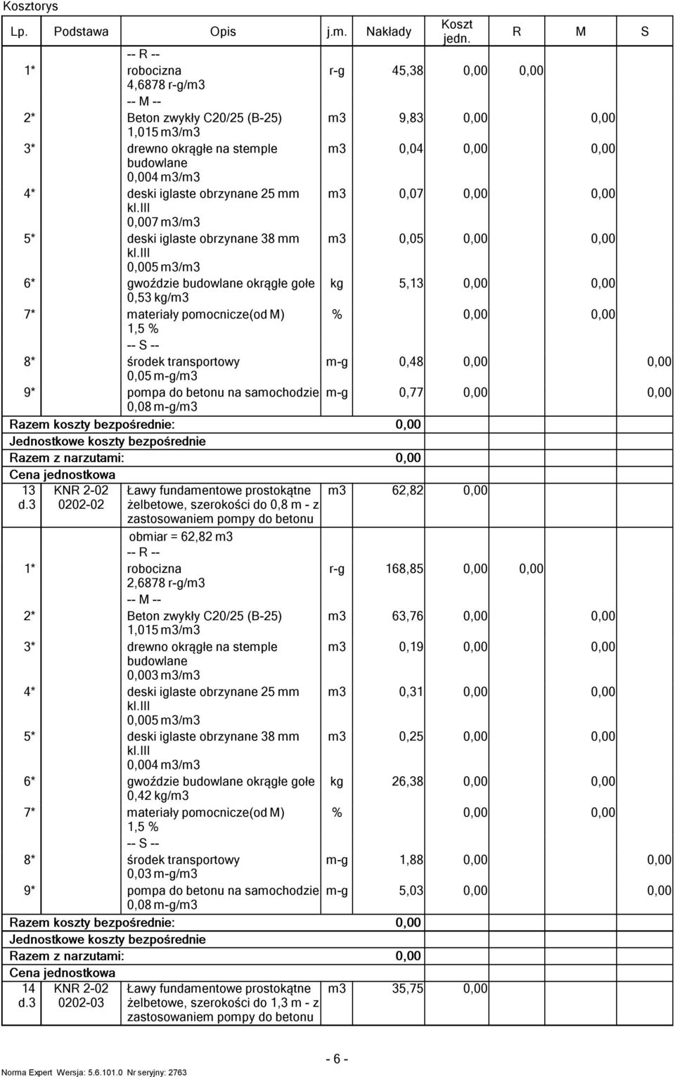 3 9* KN 2-02 0202-02 Ławy fundaenowe prosokąne żelbeowe, szerokości do 0,8 - z zasosowanie popy do beonu obiar = 62,82 2,6878 / Beon zwykły C20/25 (B-25) 1,015 / drewno okrągłe na seple budowlane 3 /