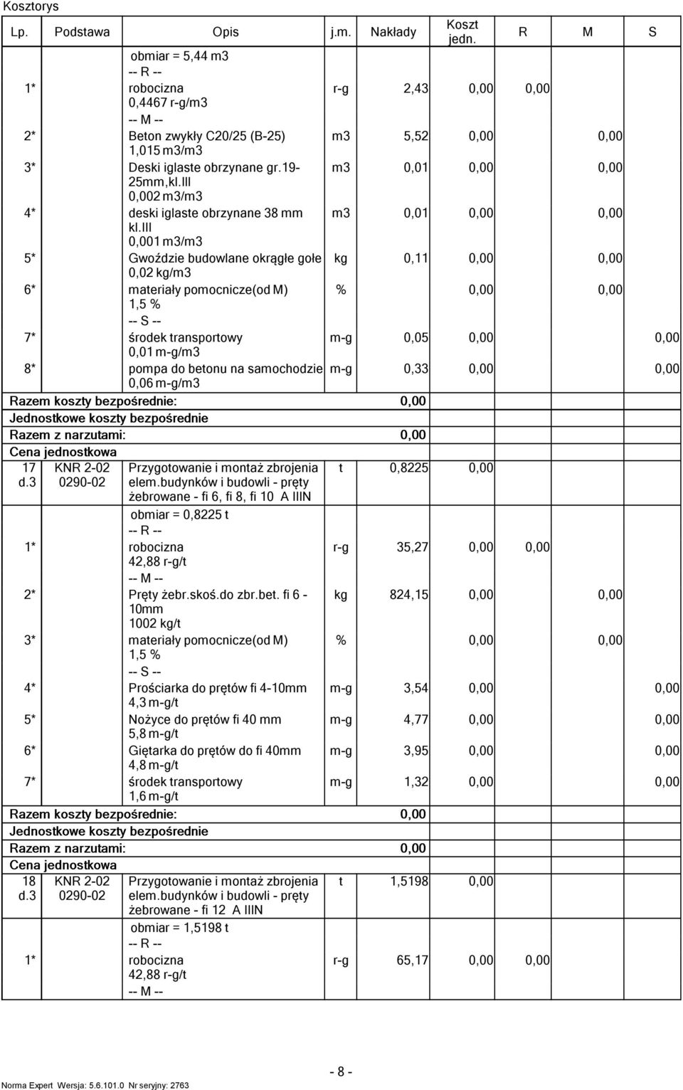 3 KN 2-02 0290-02 Przygoowanie i onaż zbrojenia ele.budynków i budowli - pręy żebrowane - fi 6, fi 8, fi 10 A IIIN obiar = 0,8225 42,88 / Pręy żebr.skoś.do zbr.be.