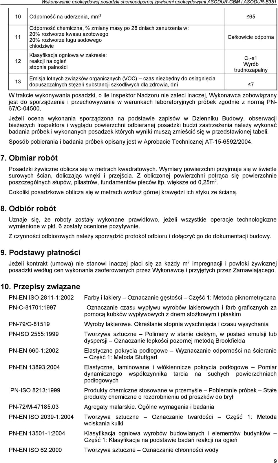 1-s1 Wyrób trudnozapalny W trakcie wykonywania posadzki, o ile Inspektor Nadzoru nie zaleci inaczej, Wykonawca zobowiązany jest do sporządzenia i przechowywania w warunkach laboratoryjnych próbek