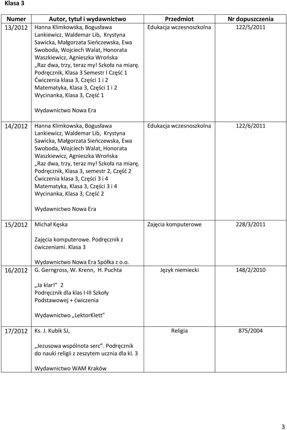 Podręcznik, Klasa 3 Semestr I Część 1 Ćwiczenia klasa 3, Części 1 i 2 Matematyka, Klasa 3, Części 1 i 2 Wycinanka, Klasa 3, Część 1 Edukacja wczesnoszkolna 122/5/2011 14/2012 Hanna Klimkowska,