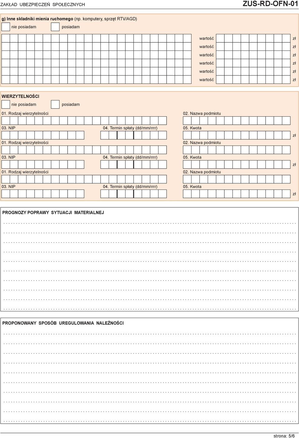 NIP 04. Termin spłaty (dd/mm/rrrr) 05. Kwota 01. Rodzaj wierzytelności 02. Nazwa podmiotu 03. NIP 04.