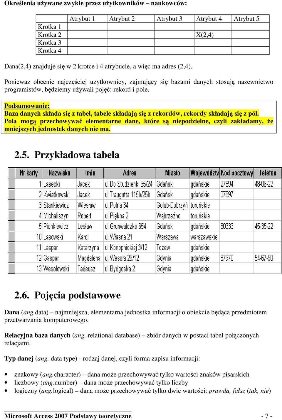 Podsumowanie: Baza danych składa się z tabel, tabele składają się z rekordów, rekordy składają się z pól.