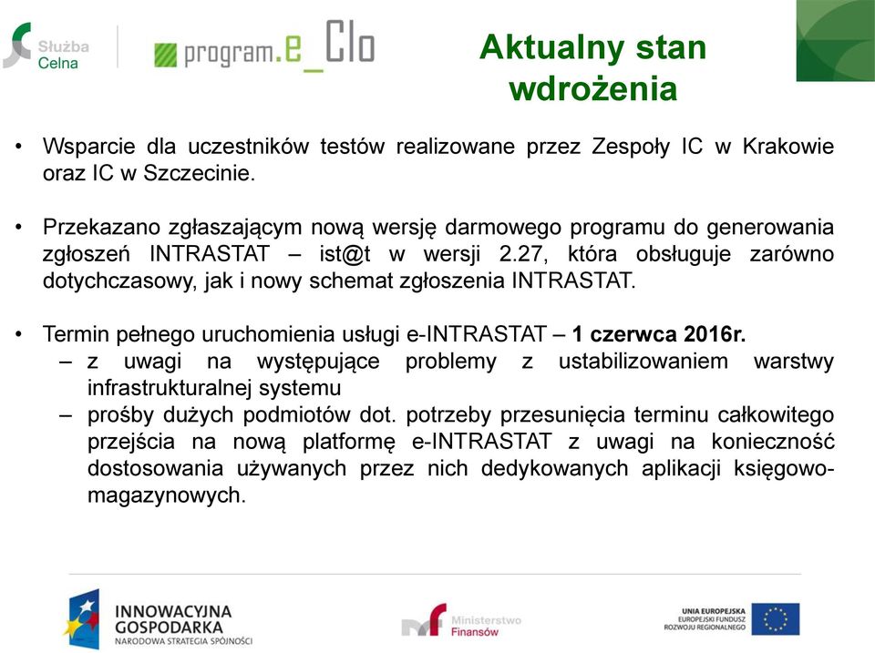 27, która obsługuje zarówno dotychczasowy, jak i nowy schemat zgłoszenia INTRASTAT. Termin pełnego uruchomienia usługi e-intrastat 1 czerwca 2016r.