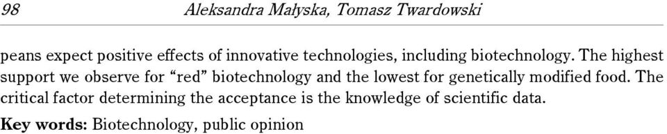 The highest support we observe for red biotechnology and the lowest for genetically