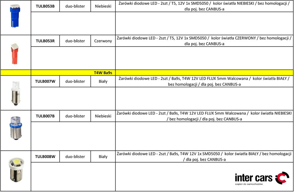 bez CANBUS-a T4W Ba9s TULB007W duo-blister Biały Żarówki diodowe LED - 2szt / Ba9s, T4W 12V LED FLUX 5mm Walcowana / kolor światła BIAŁY / bez TULB007B duo-blister Niebieski