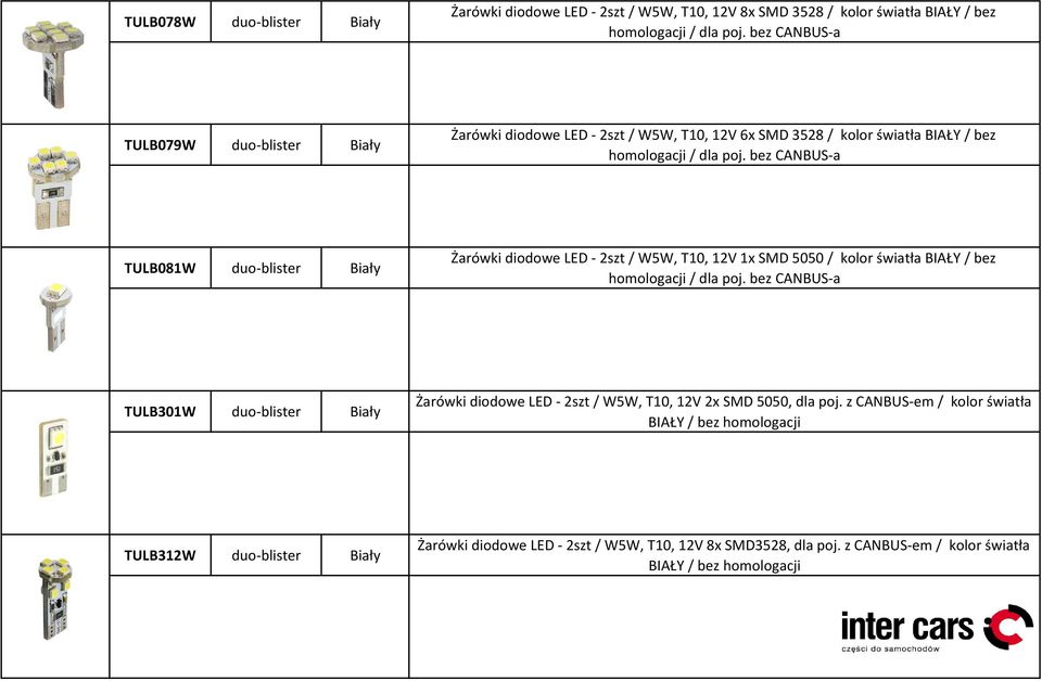 kolor światła BIAŁY / bez TULB301W duo-blister Biały Żarówki diodowe LED - 2szt / W5W, T10, 12V 2x SMD 5050, dla poj.
