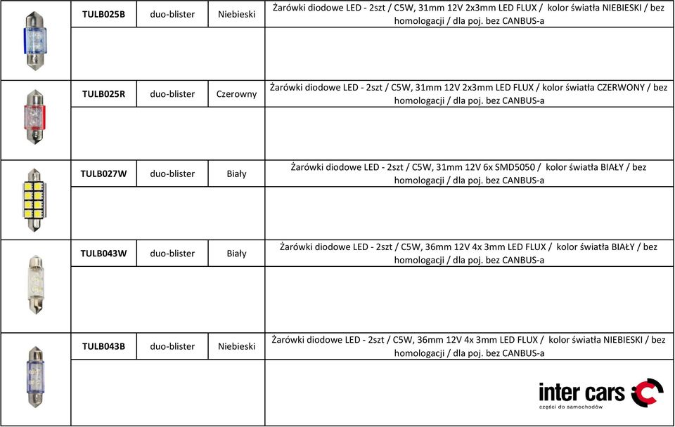 - 2szt / C5W, 31mm 12V 6x SMD5050 / kolor światła BIAŁY / bez TULB043W duo-blister Biały Żarówki diodowe LED - 2szt / C5W, 36mm 12V 4x 3mm LED