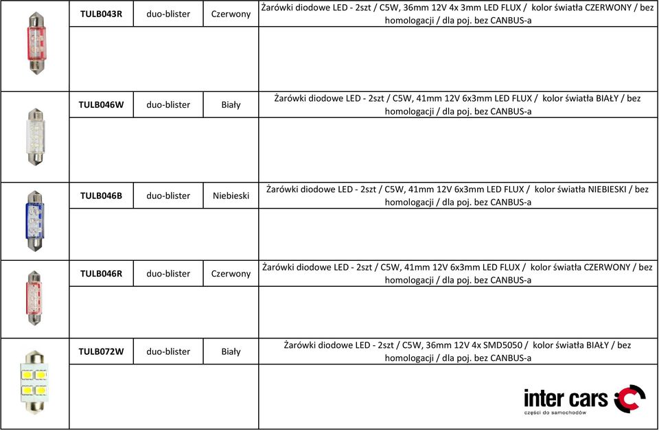 2szt / C5W, 41mm 12V 6x3mm LED FLUX / kolor światła NIEBIESKI / bez TULB046R duo-blister Czerwony Żarówki diodowe LED - 2szt / C5W, 41mm 12V