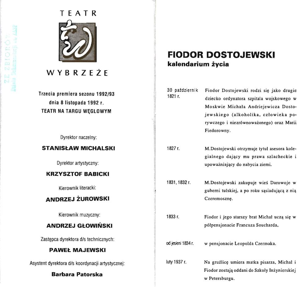 Fiodor Dostojewski rodzi się jako drugie dziecko ordynatora szpitala wojskowego w Moskwie Michała Andriejewicza Dostojewskiego (alkoholika, człowieka porywczego i niezrównoważonego) oraz Marii
