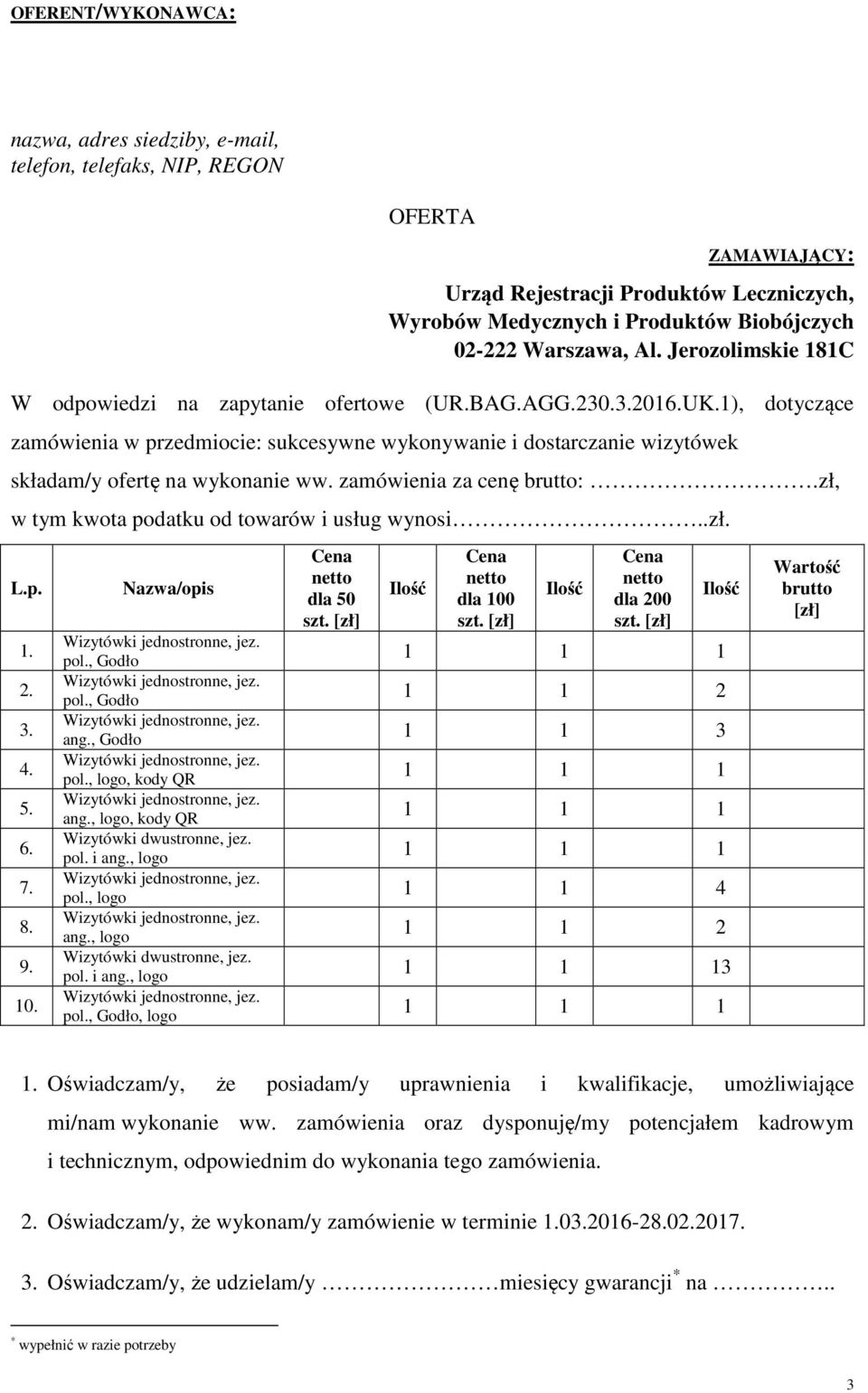 1), dotyczące zamówienia w przedmiocie: sukcesywne wykonywanie i dostarczanie wizytówek składam/y ofertę na wykonanie ww. zamówienia za cenę brutto:.zł, w tym kwota podatku od towarów i usług wynosi.