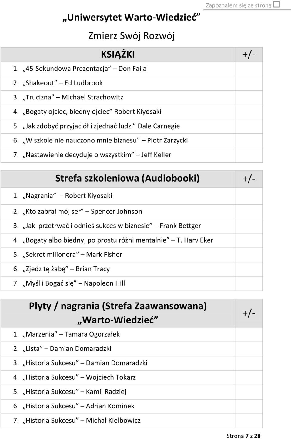 Nastawienie decyduje o wszystkim Jeff Keller Strefa szkoleniowa (Audiobooki) +/- 1. Nagrania Robert Kiyosaki 2. Kto zabrał mój ser Spencer Johnson 3.