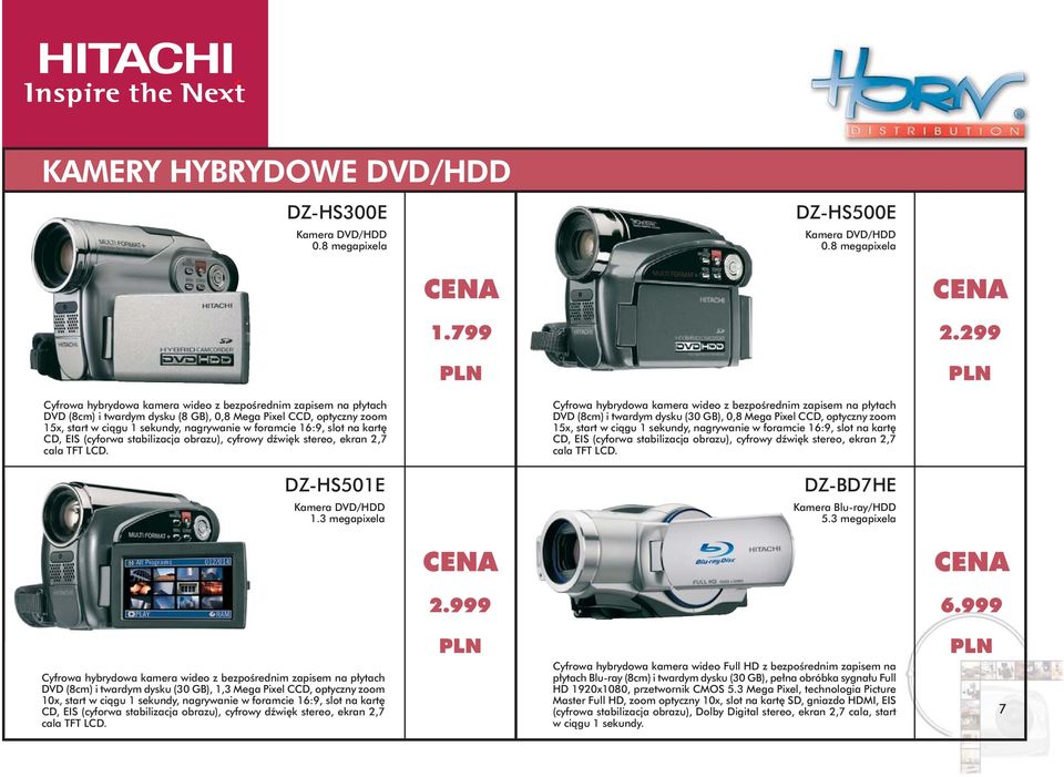 na kartę CD, EIS (cyforwa stabilizacja obrazu), cyfrowy dźwięk stereo, ekran 2,7 cala TFT LCD. DZ-HS501E Kamera DVD/HDD 1.