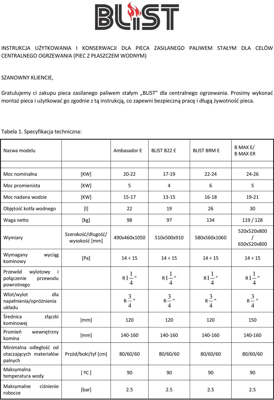 Specyfikacja techniczna: Nazwa modelu Ambasador E BLIST B22 E BLIST BRM E B MAX E/ B MAX ER Moc nominalna [KW] 20-22 17-19 22-24 24-26 Moc promienista [KW] 5 4 6 5 Moc nadana wodzie [KW] 15-17 13-15