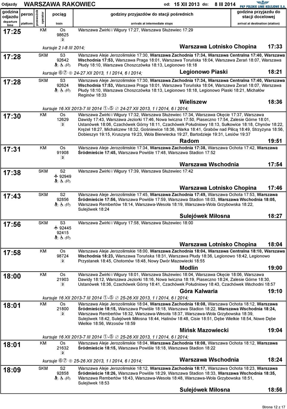 Chopina 17:33 Warszawa Alee Jerozolimskie 17:30, Warszawa Zachodnia 17:34, Warszawa Centralna 17:40, Warszawa Wschodnia 17:53, Warszawa Praga 18:01, Warszawa Toruńska 18:04, Warszawa Żerań 18:07,