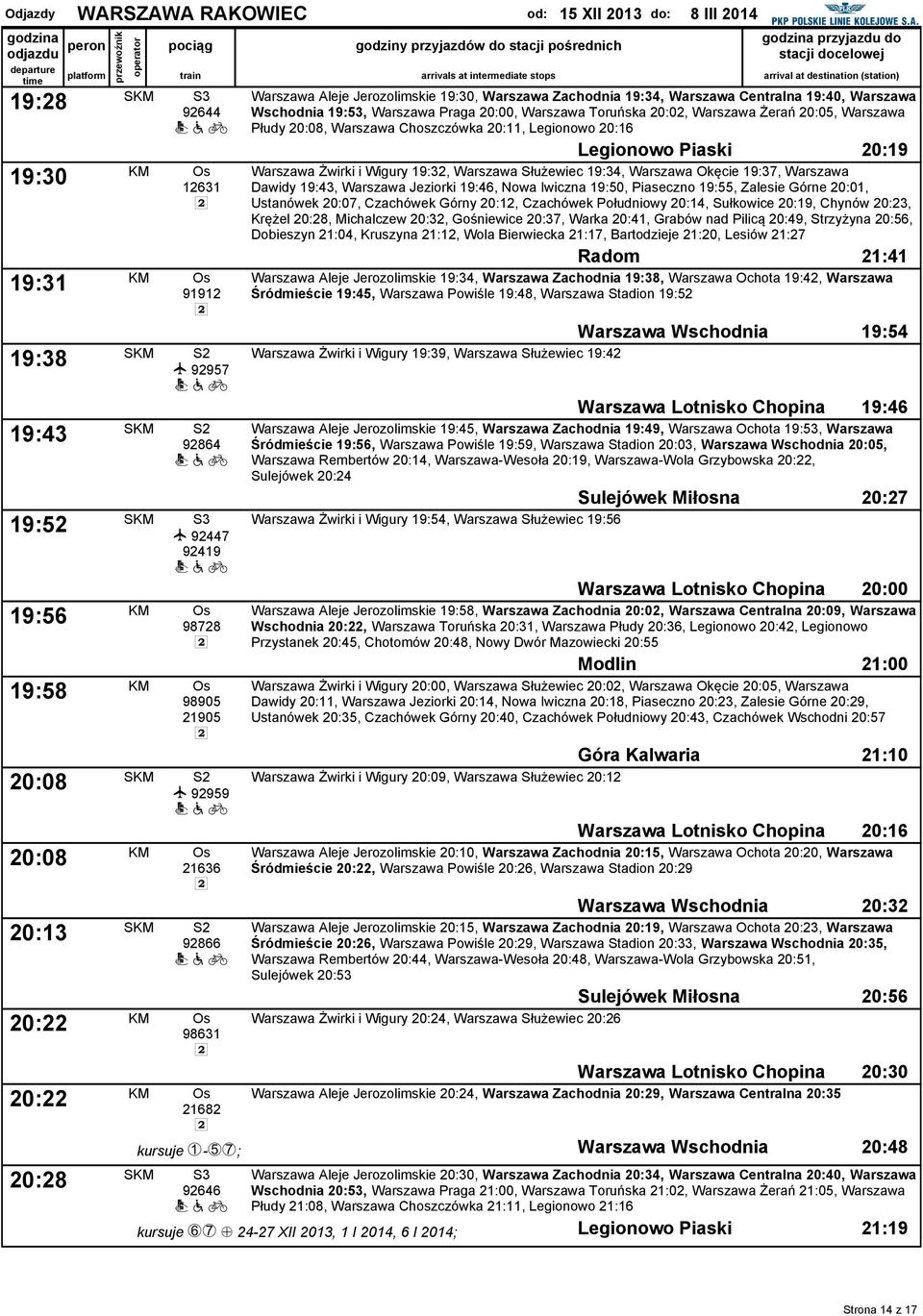 19:40, Warszawa Wschodnia 19:53, Warszawa Praga 20:00, Warszawa Toruńska 20:02, Warszawa Żerań 20:05, Warszawa Płudy 20:08, Warszawa Choszczówka 20:11, Legionowo 20:16 Legionowo Piaski 20:19 Warszawa