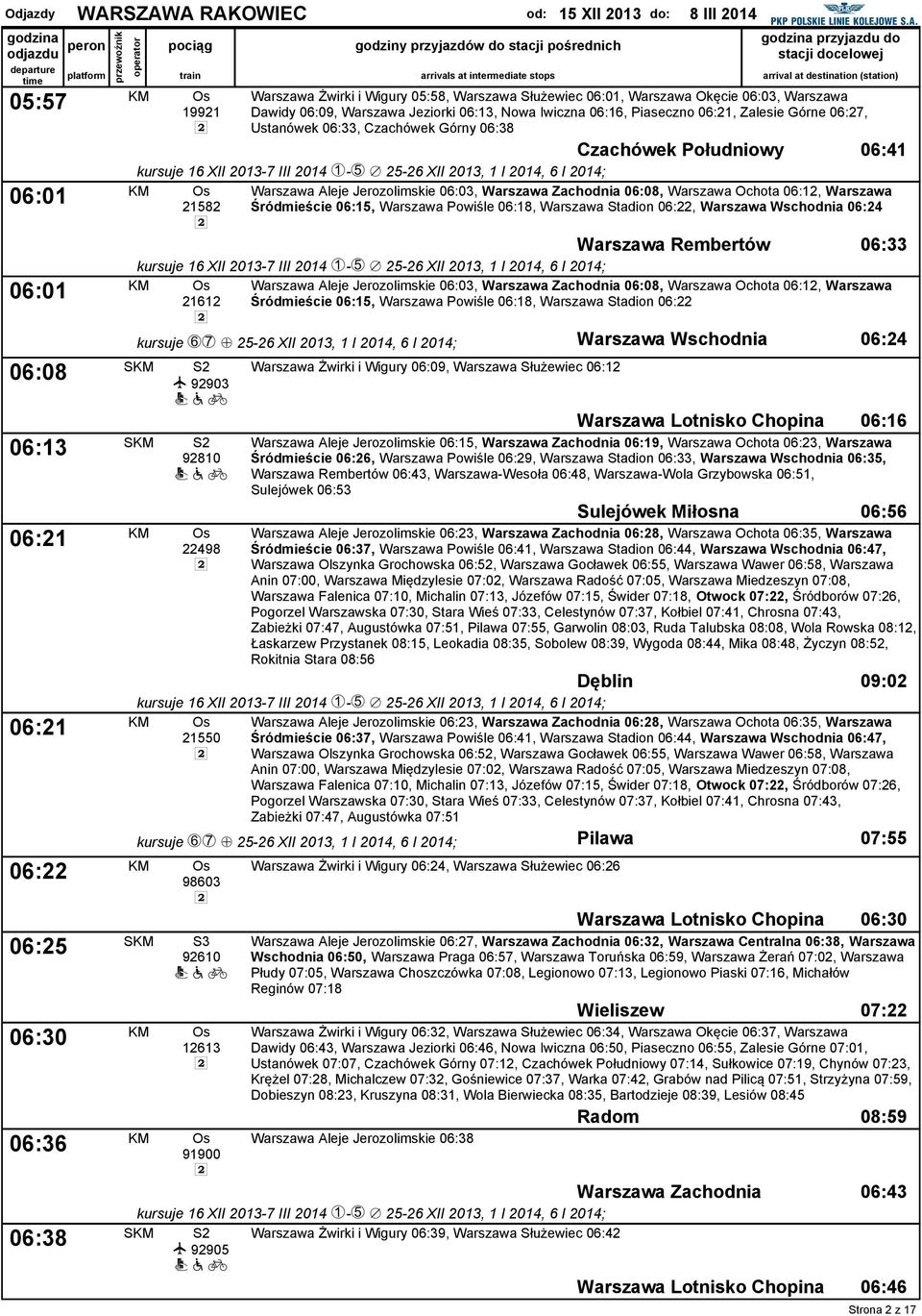 Iwiczna 06:16, Piaseczno 06:21, Zalesie Górne 06:27, Ustanówek 06:33, Czachówek Górny 06:38 Czachówek Południowy 06:41 kursue 16 XII 2013-7 III 2014 F-J / 25-26 XII 2013, 1 I 2014, 6 I 2014; Warszawa