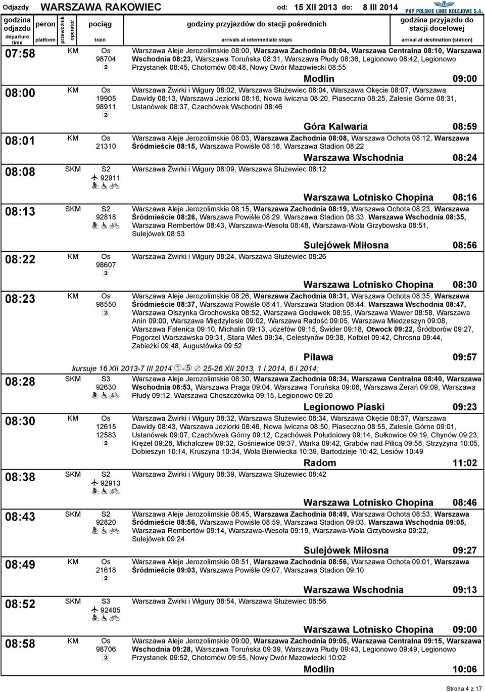 08:10, Warszawa Wschodnia 08:23, Warszawa Toruńska 08:31, Warszawa Płudy 08:36, Legionowo 08:42, Legionowo Przystanek 08:45, Chotomów 08:48, Nowy Dwór Mazowiecki 08:55 Modlin 09:00 Warszawa Żwirki i