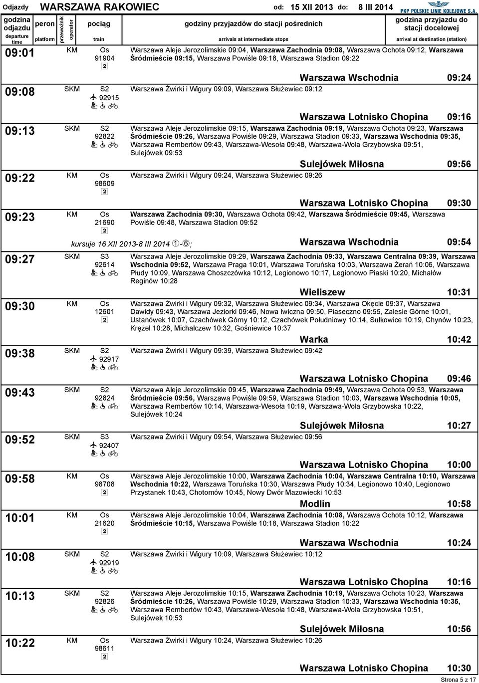 09:12, Warszawa Śródmieście 09:15, Warszawa Powiśle 09:18, Warszawa Stadion 09:22 Warszawa Żwirki i Wigury 09:09, Warszawa Służewiec 09:12 Warszawa Wschodnia 09:24 Warszawa Lotnisko Chopina 09:16