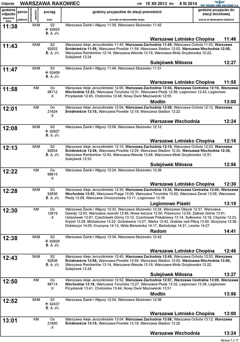 Chopina 11:46 Warszawa Alee Jerozolimskie 11:45, Warszawa Zachodnia 11:49, Warszawa Ochota 11:53, Warszawa Śródmieście 11:56, Warszawa Powiśle 11:59, Warszawa Stadion 12:03, Warszawa Wschodnia 12:05,