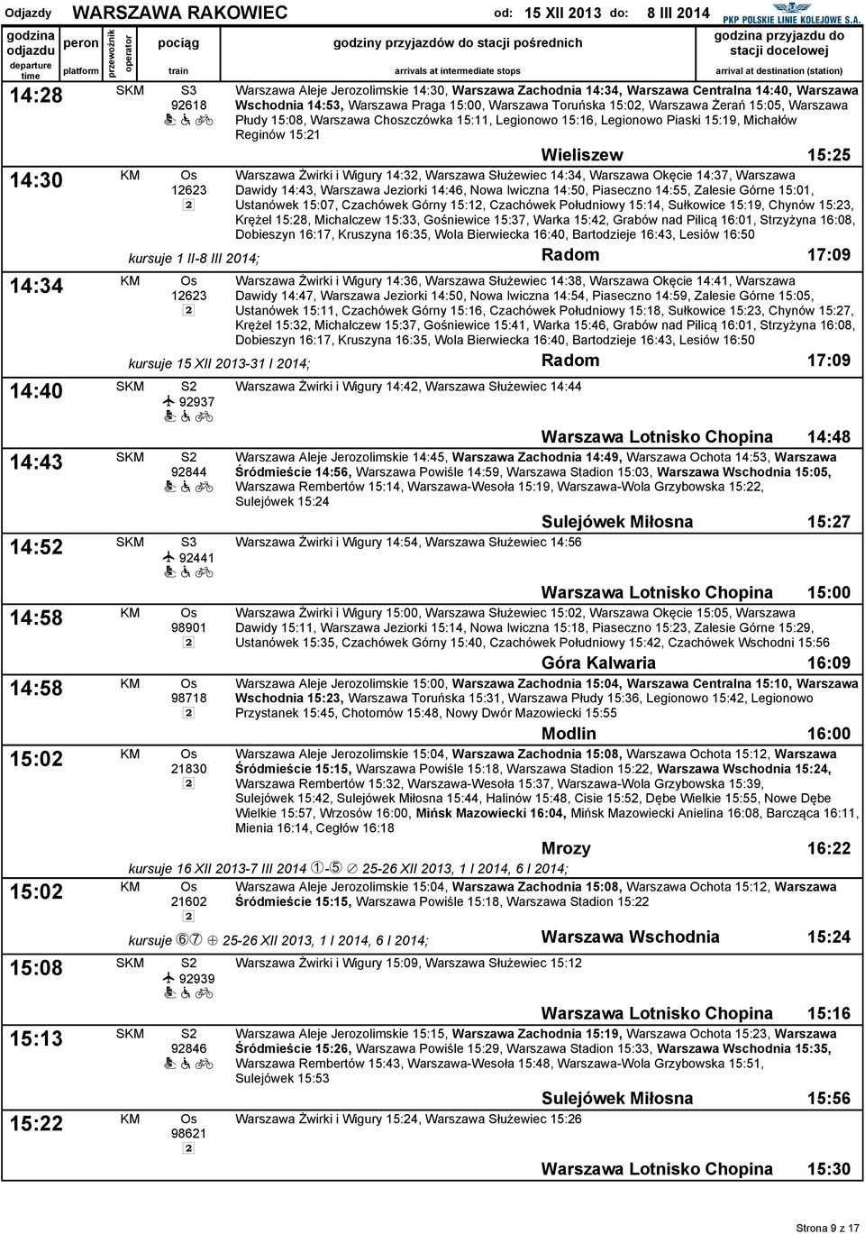 Wschodnia 14:53, Warszawa Praga 15:00, Warszawa Toruńska 15:02, Warszawa Żerań 15:05, Warszawa Płudy 15:08, Warszawa Choszczówka 15:11, Legionowo 15:16, Legionowo Piaski 15:19, Michałów Reginów 15:21