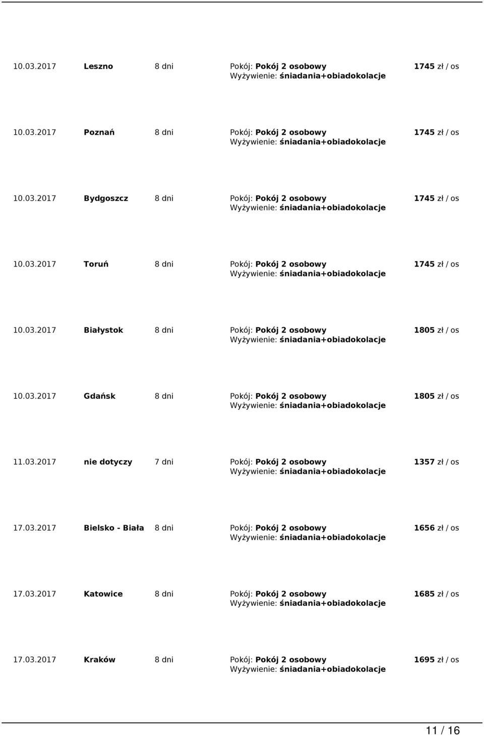 03.2017 nie dotyczy 7 dni Pokój: Pokój 2 osobowy 17.03.2017 Bielsko - Biała 8 dni Pokój: Pokój 2 osobowy 1656 zł / os 17.03.2017 Katowice 8 dni Pokój: Pokój 2 osobowy 1685 zł / os 17.