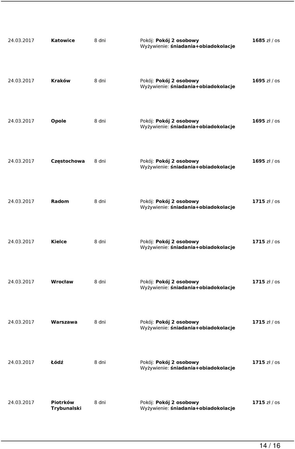 03.2017 Wrocław 8 dni Pokój: Pokój 2 osobowy 24.03.2017 Warszawa 8 dni Pokój: Pokój 2 osobowy 24.03.2017 Łódź 8 dni Pokój: Pokój 2 osobowy 24.