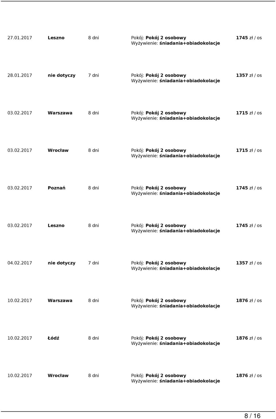 02.2017 Leszno 8 dni Pokój: Pokój 2 osobowy 04.02.2017 nie dotyczy 7 dni Pokój: Pokój 2 osobowy 10.02.2017 Warszawa 8 dni Pokój: Pokój 2 osobowy 1876 zł / os 10.