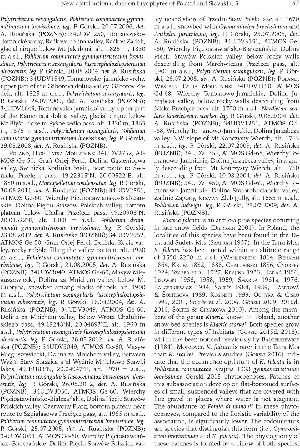 P. Górski, 10.08.2004, det. A. Rusińska (POZNB); 34UDV1549, Tomanovsko-jamnické vrchy, upper part of the Gáborova dolina valley, Gáborov Zadok, alt. 1825 m a.s.l., Polytrichetum sexangularis, leg. P. Górski, 24.