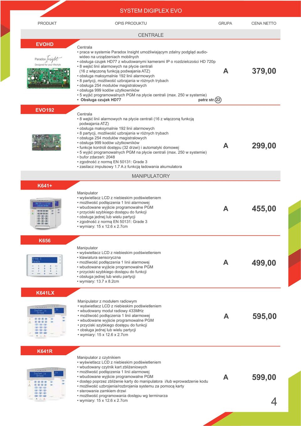 uzbrajania w różnych trybach obsługa 254 modułów magistralowych obsługa 999 kodów użytkowników 5 wyjść programowalnych PGM na płycie centrali (max. 250 w systemie) Obsługa czujek HD77 patrz str.