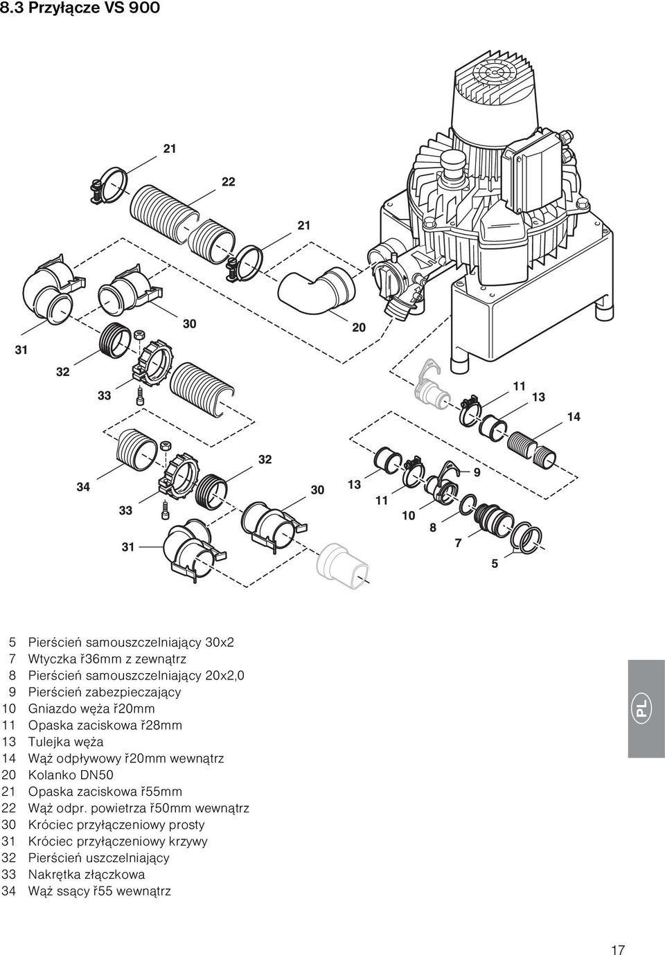 ř20mm wewnątrz 20 Kolanko DN50 21 Opaska zaciskowa ř55mm 22 Wąż odpr.